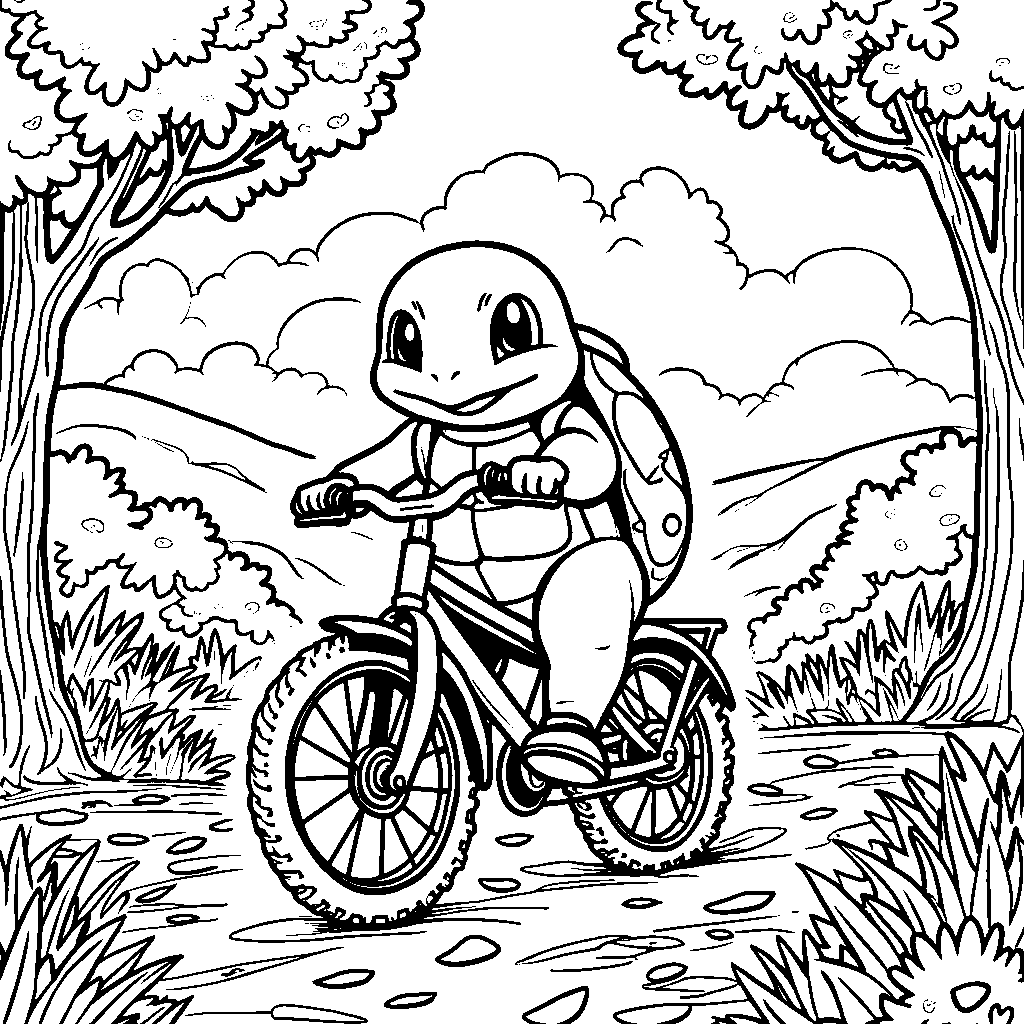 Squirtle on a bike ride through a colorful autumn landscape