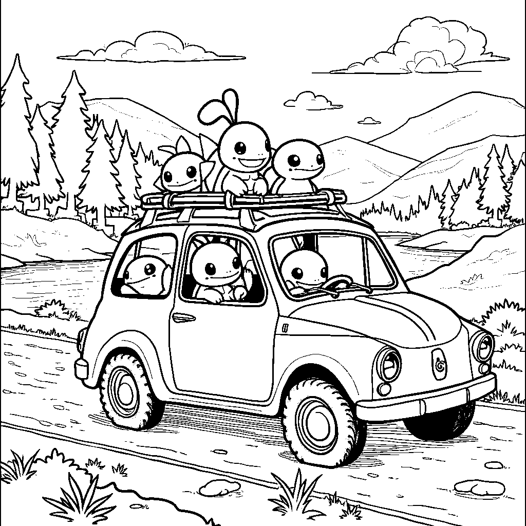 Squirtle on a road trip with friends