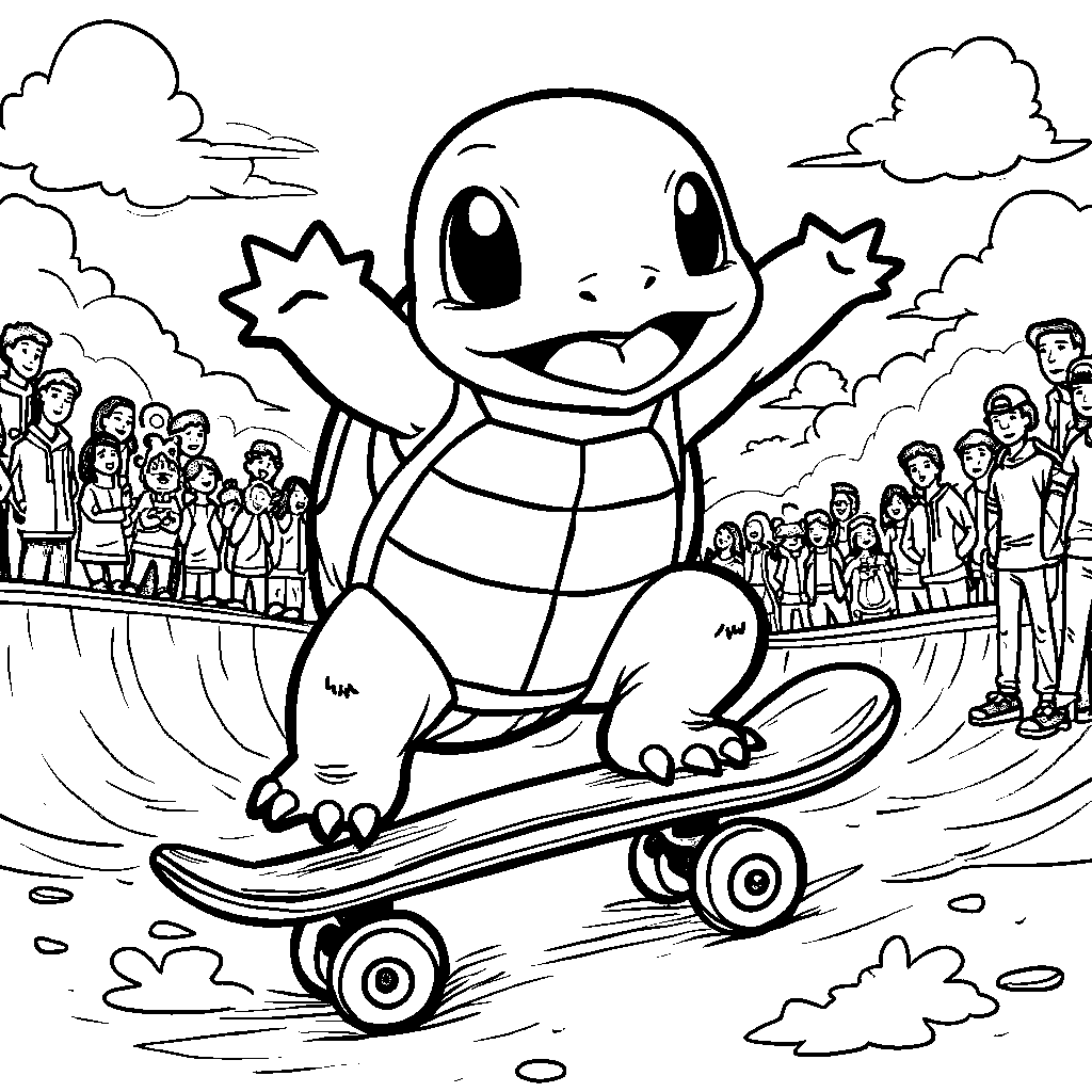 Squirtle on a skateboard doing tricks at the skatepark