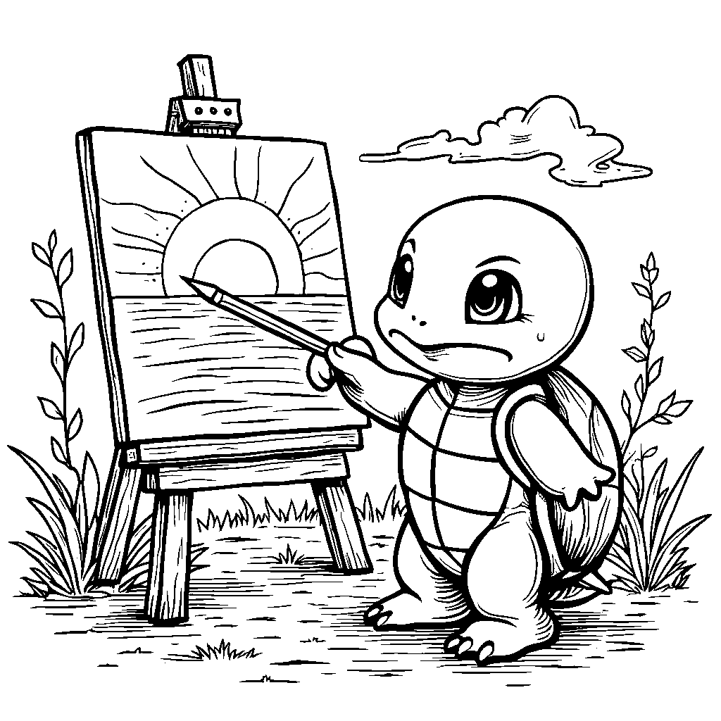 Squirtle painting a beautiful sunset on canvas