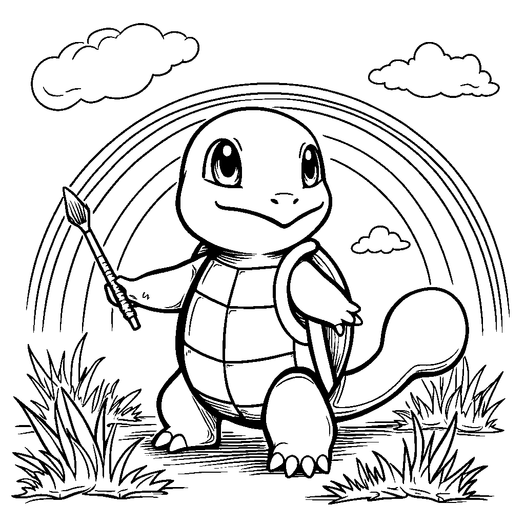 Squirtle painting a rainbow in the sky with its tail