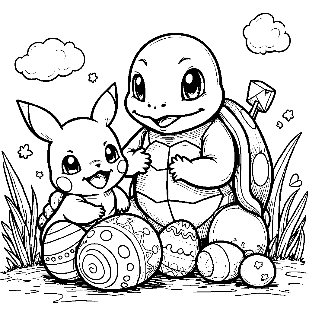 Squirtle painting Easter eggs with other Pokémon