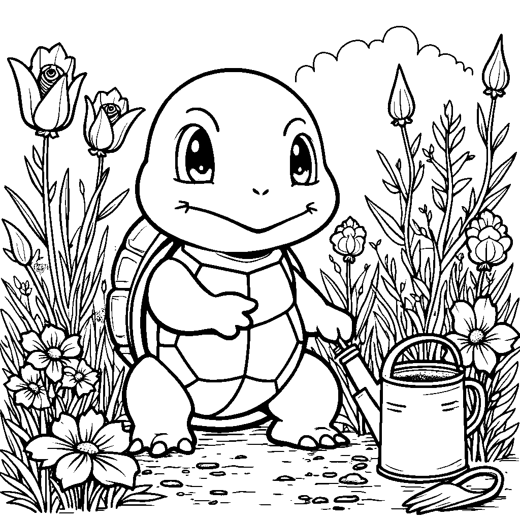 Squirtle planting flowers in a garden