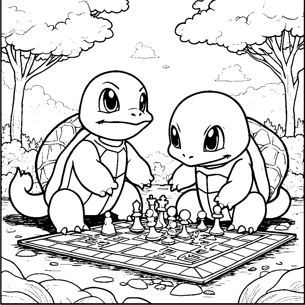 Squirtle playing chess with other Pokémon