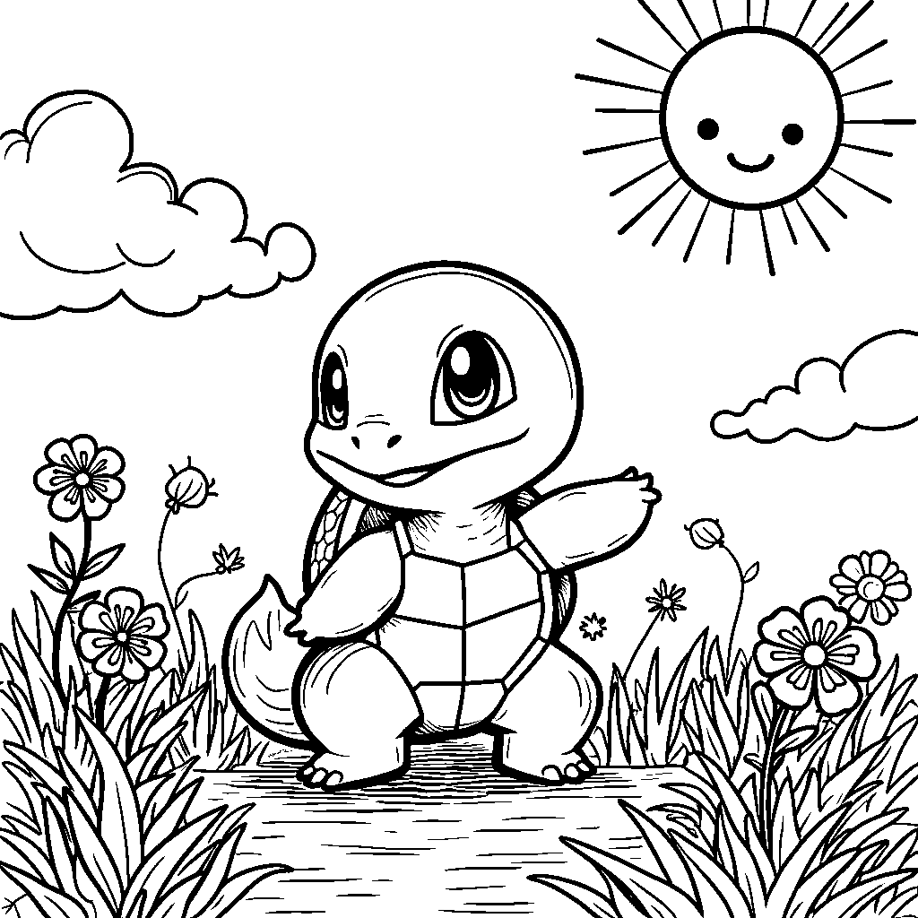 Squirtle playing in a field of flowers with a smiling sun