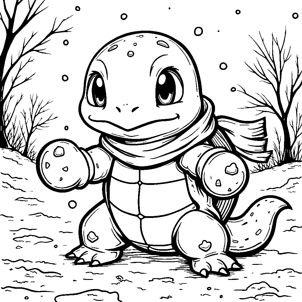 Squirtle playing in the snow wearing a scarf and mittens