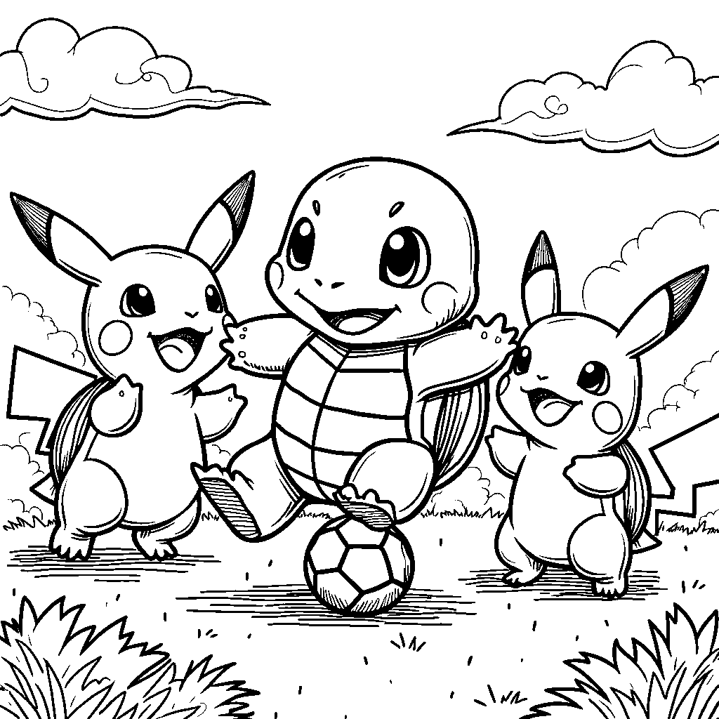 Squirtle playing soccer with friends in a field