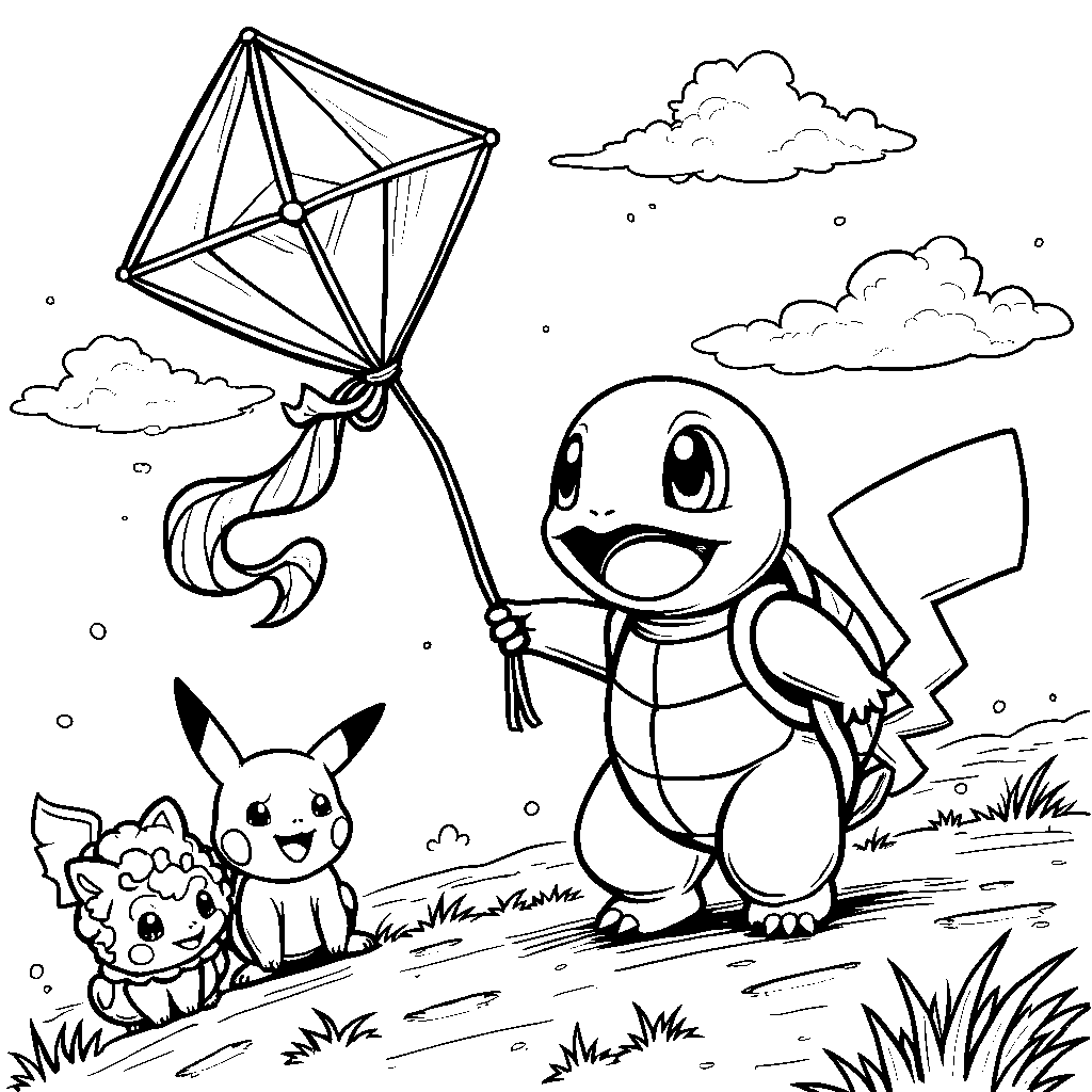 Squirtle playing with a kite on a windy day