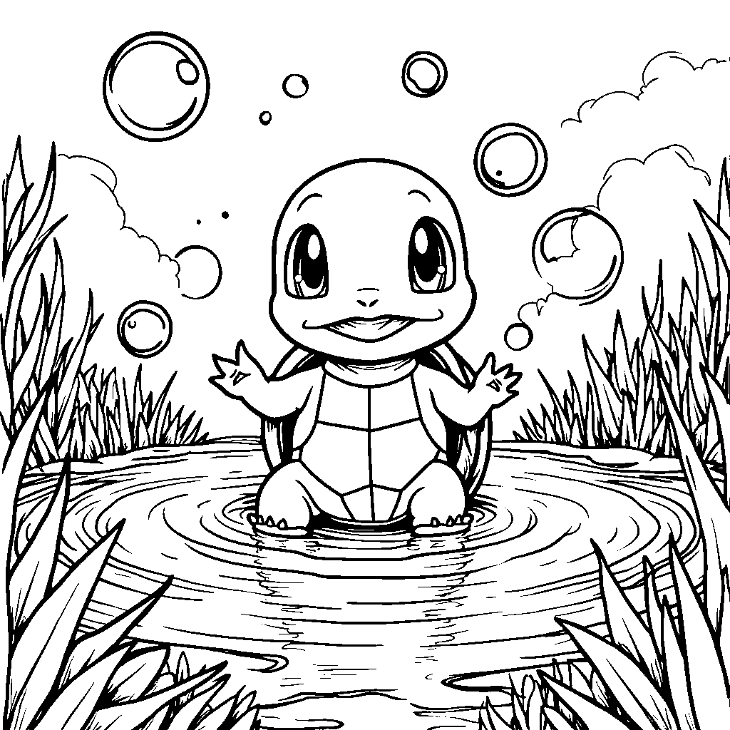 Squirtle playing with bubbles in a sparkling pond