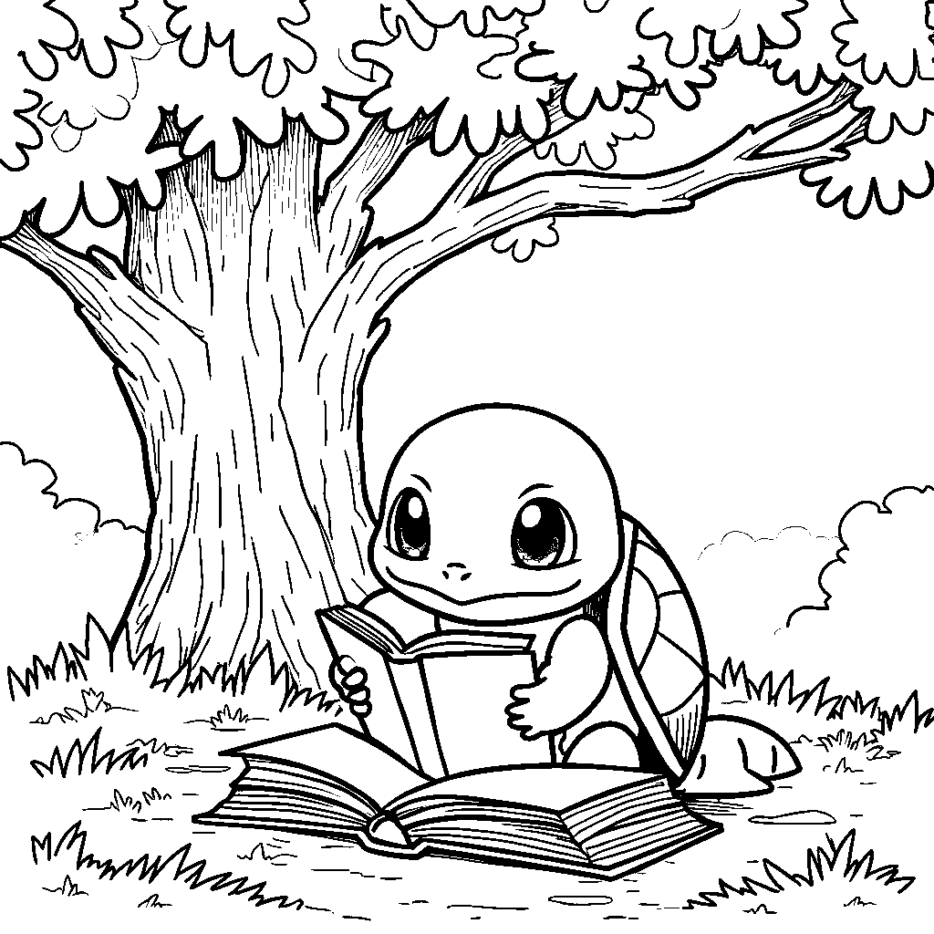 Squirtle reading a book under a big tree