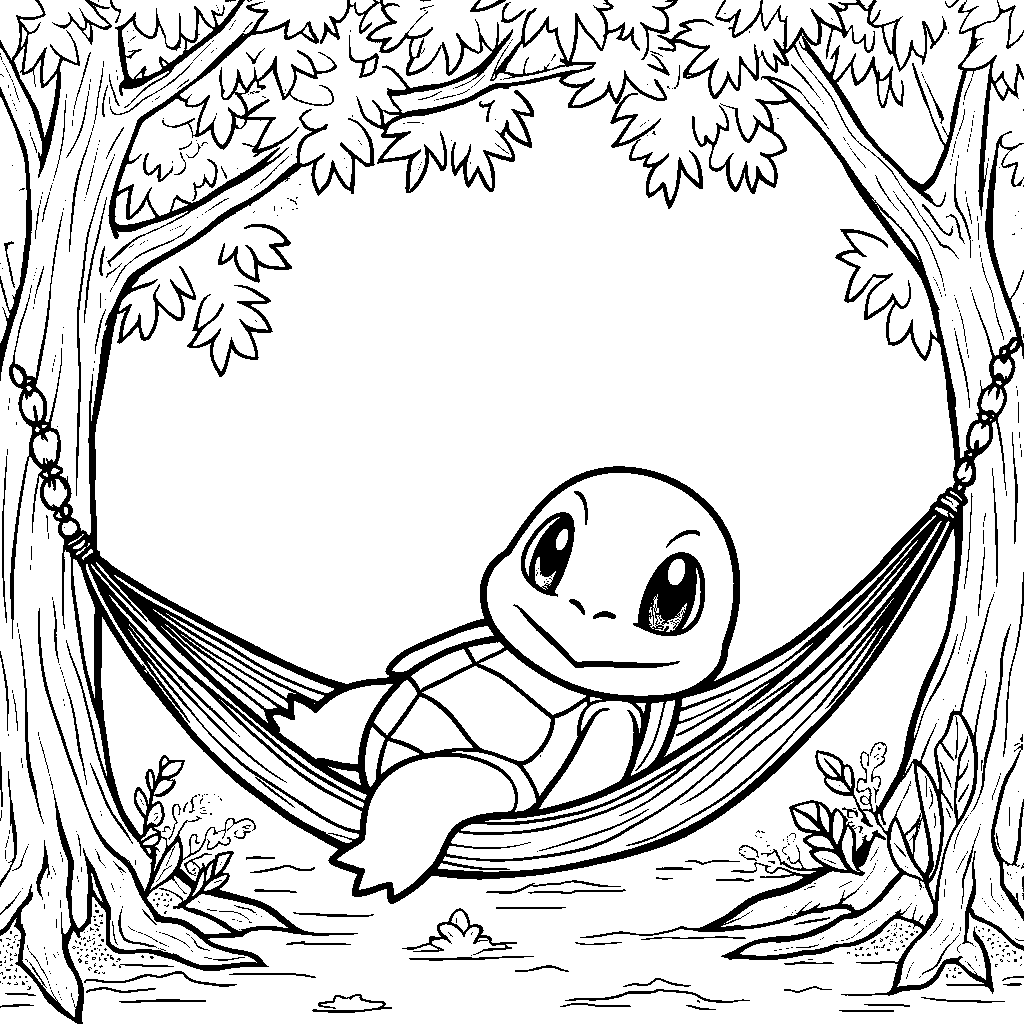 Squirtle relaxing in a hammock under the trees