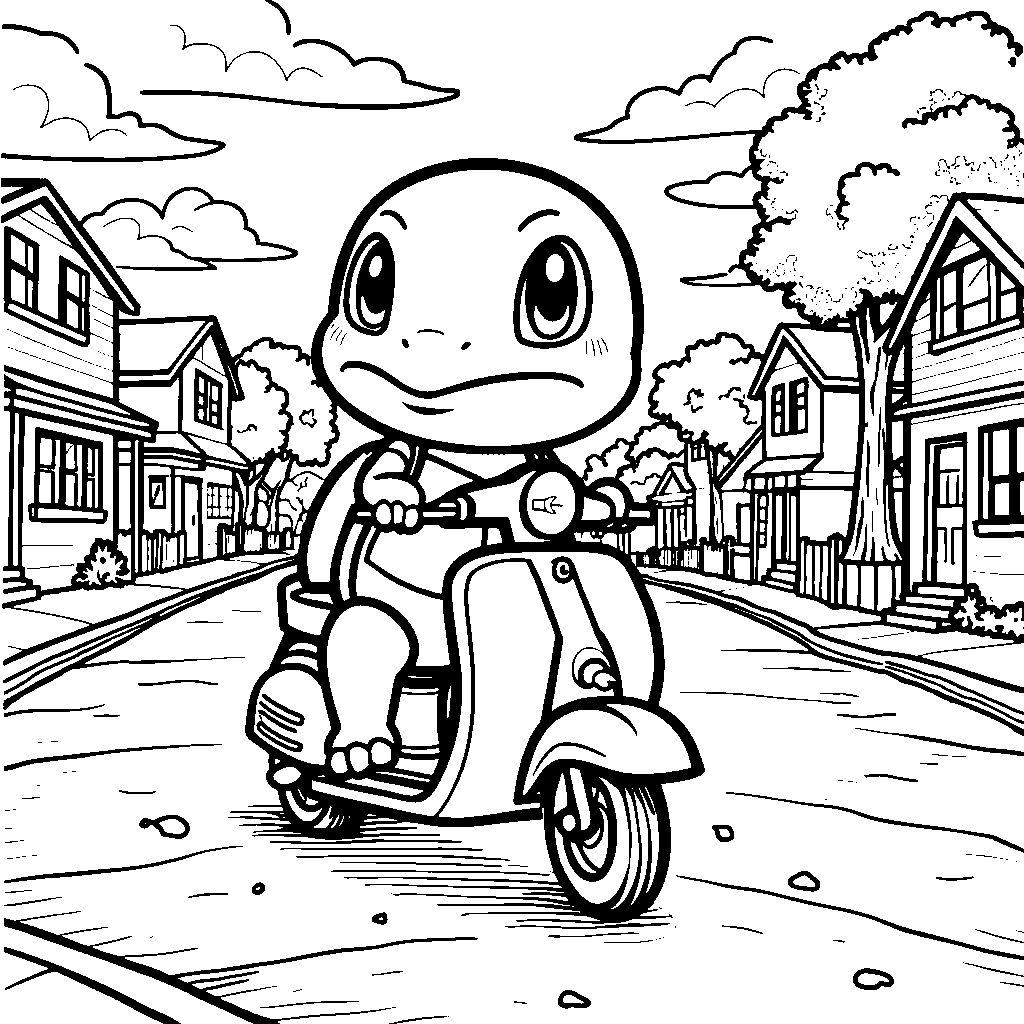 Squirtle riding a scooter down a sunny street