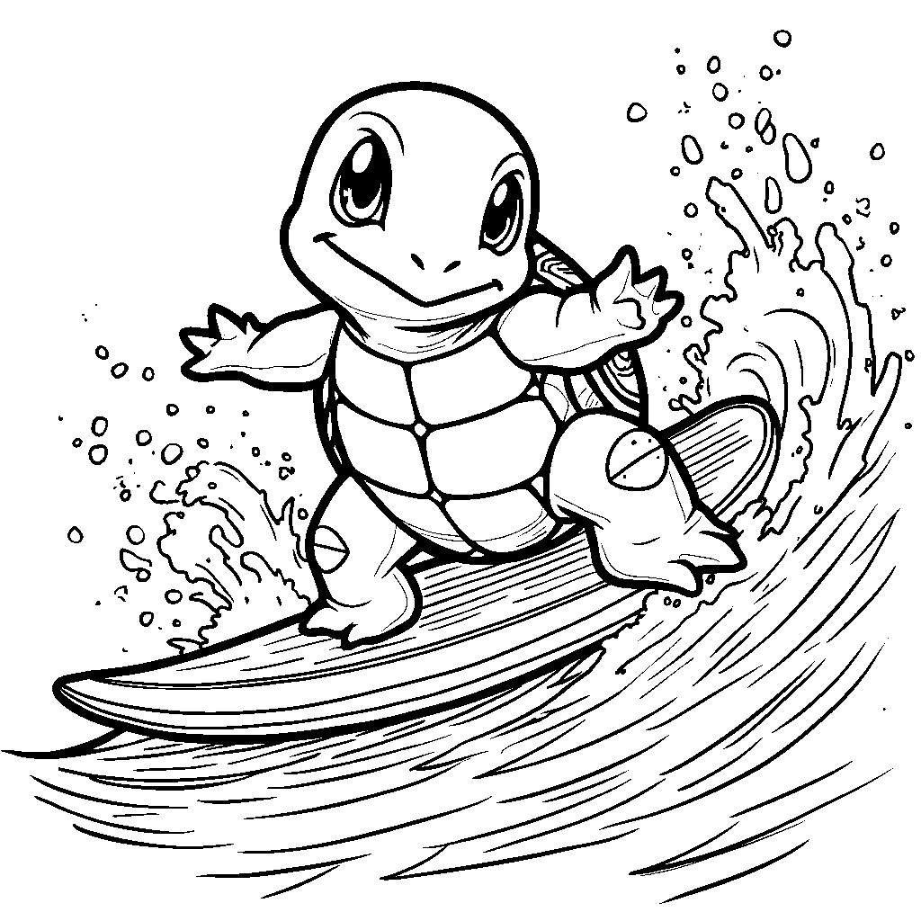 Squirtle surfing on a wave with a big smile