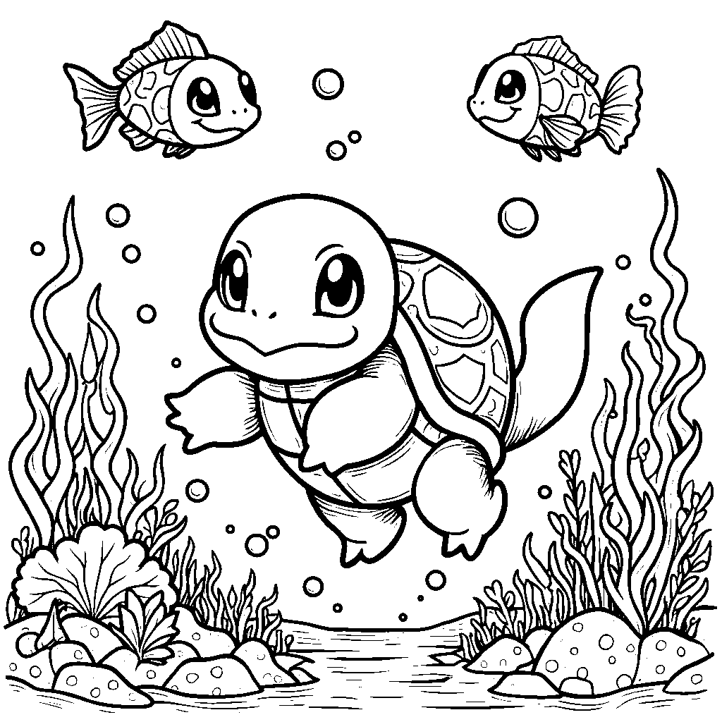 Squirtle swimming in a colorful underwater scene with fish