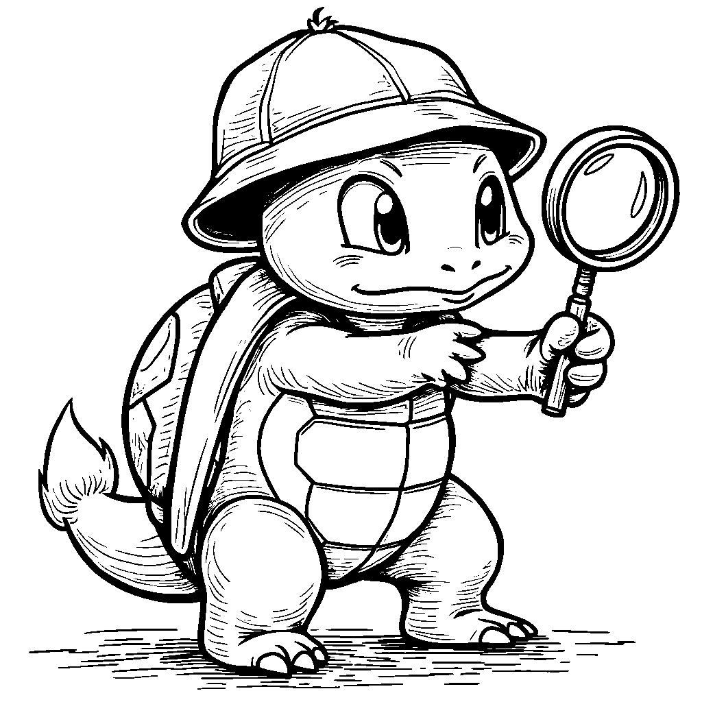 Squirtle wearing a detective hat looking through a magnifying glass