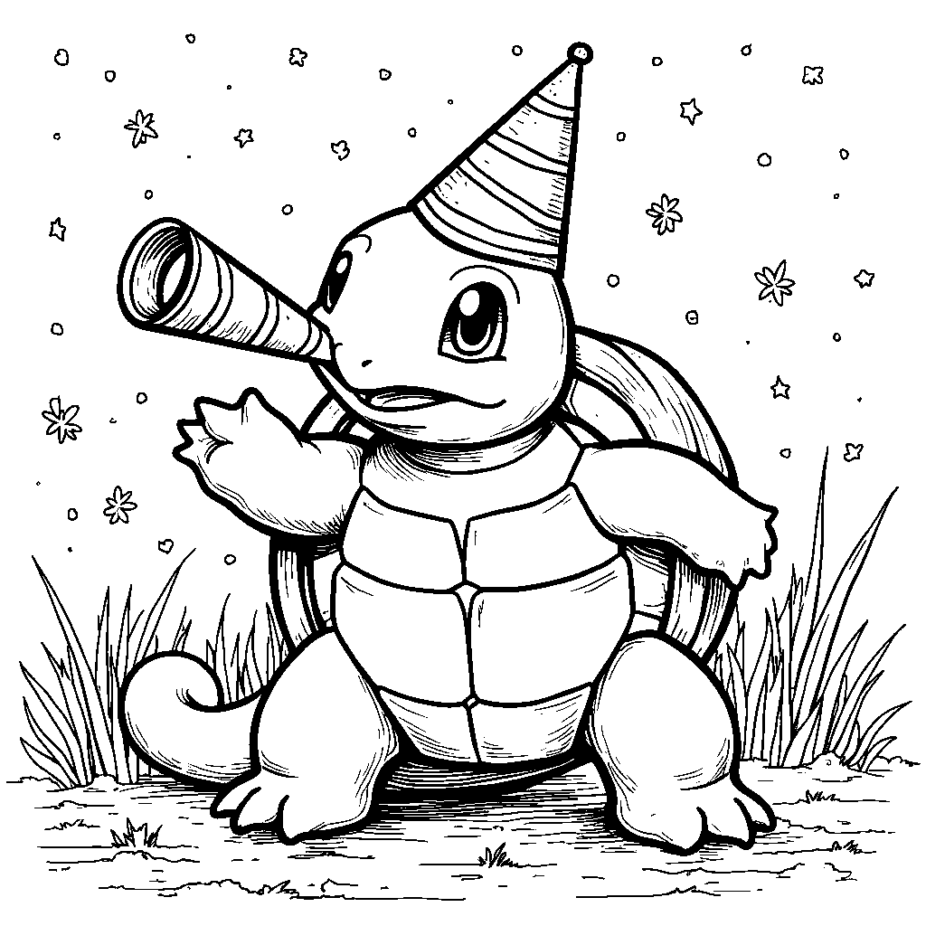 Squirtle wearing a party hat and blowing a party horn