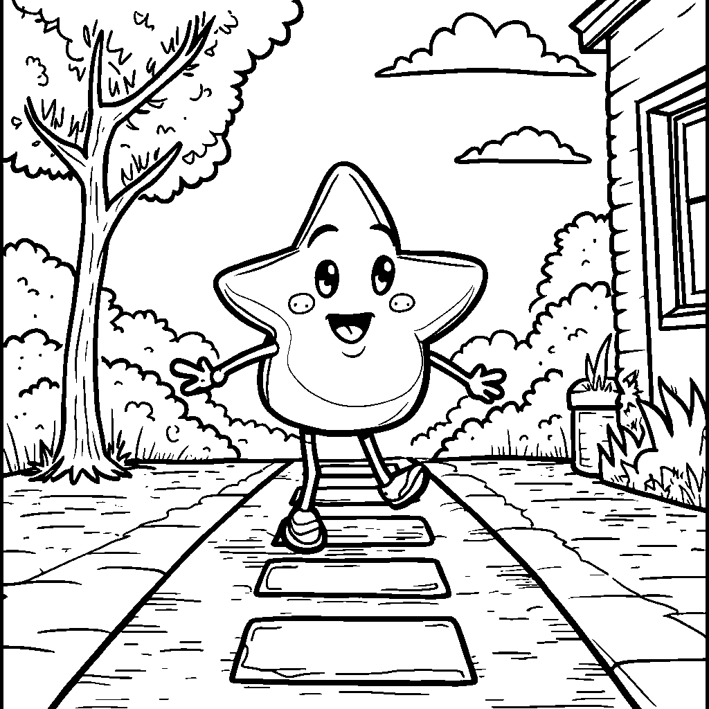 A cartoon star playing hopscotch on a sidewalk