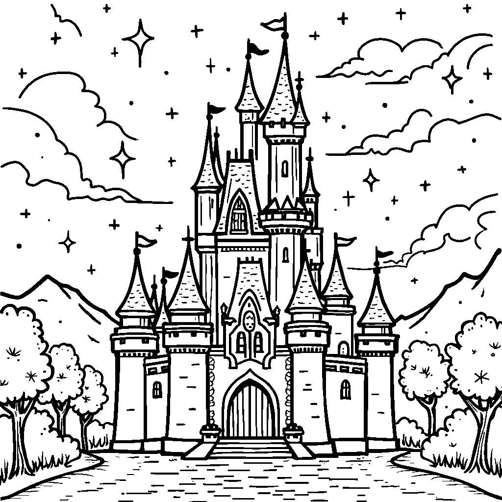 A fairy tale castle with stars sparkling above it