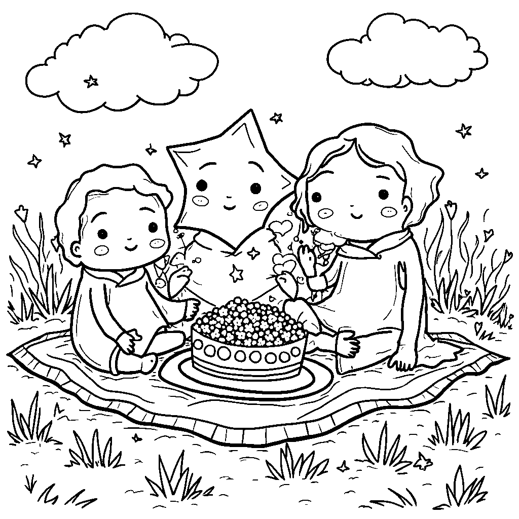 A family of stars having a picnic on a fluffy cloud