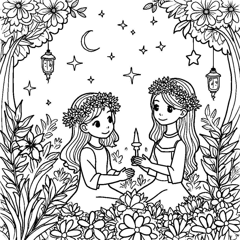 A garden party scene with stars wearing flower crowns