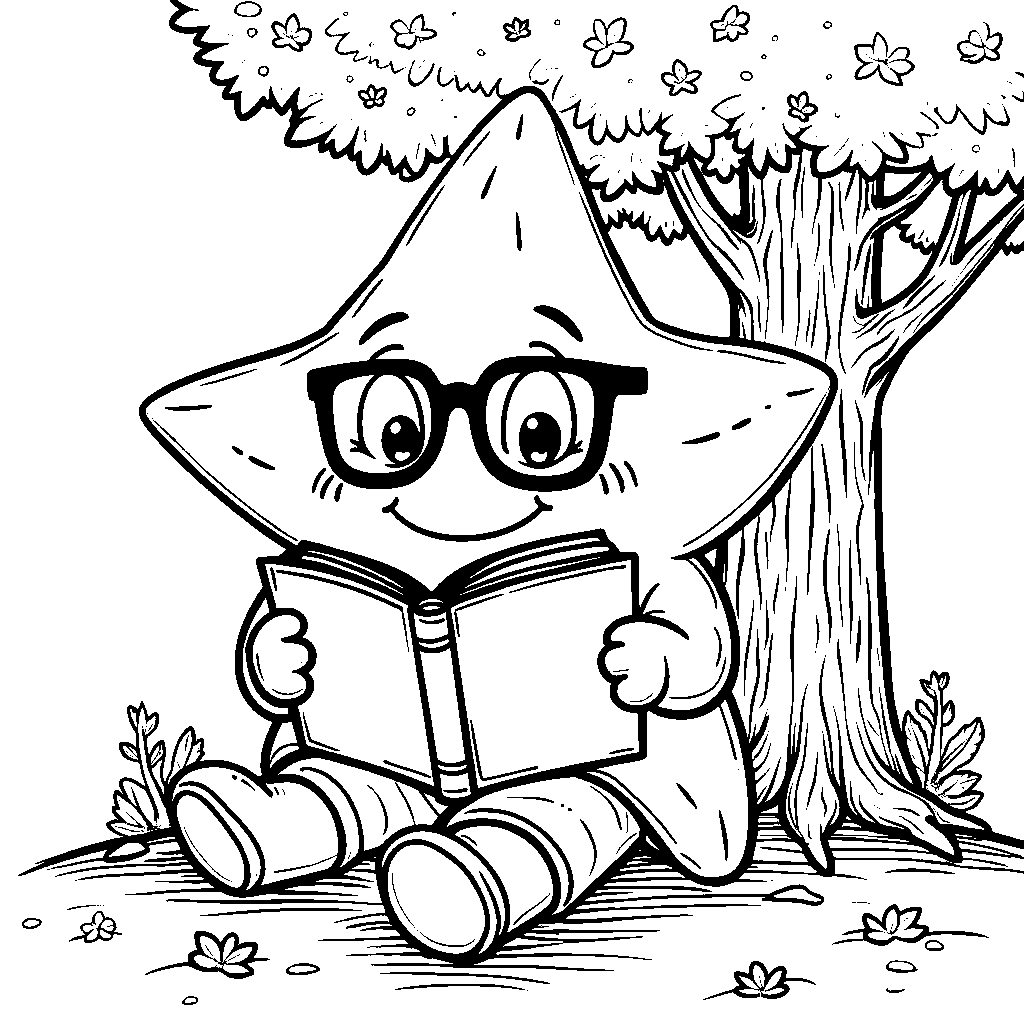 A giant star wearing glasses, reading a book under a tree