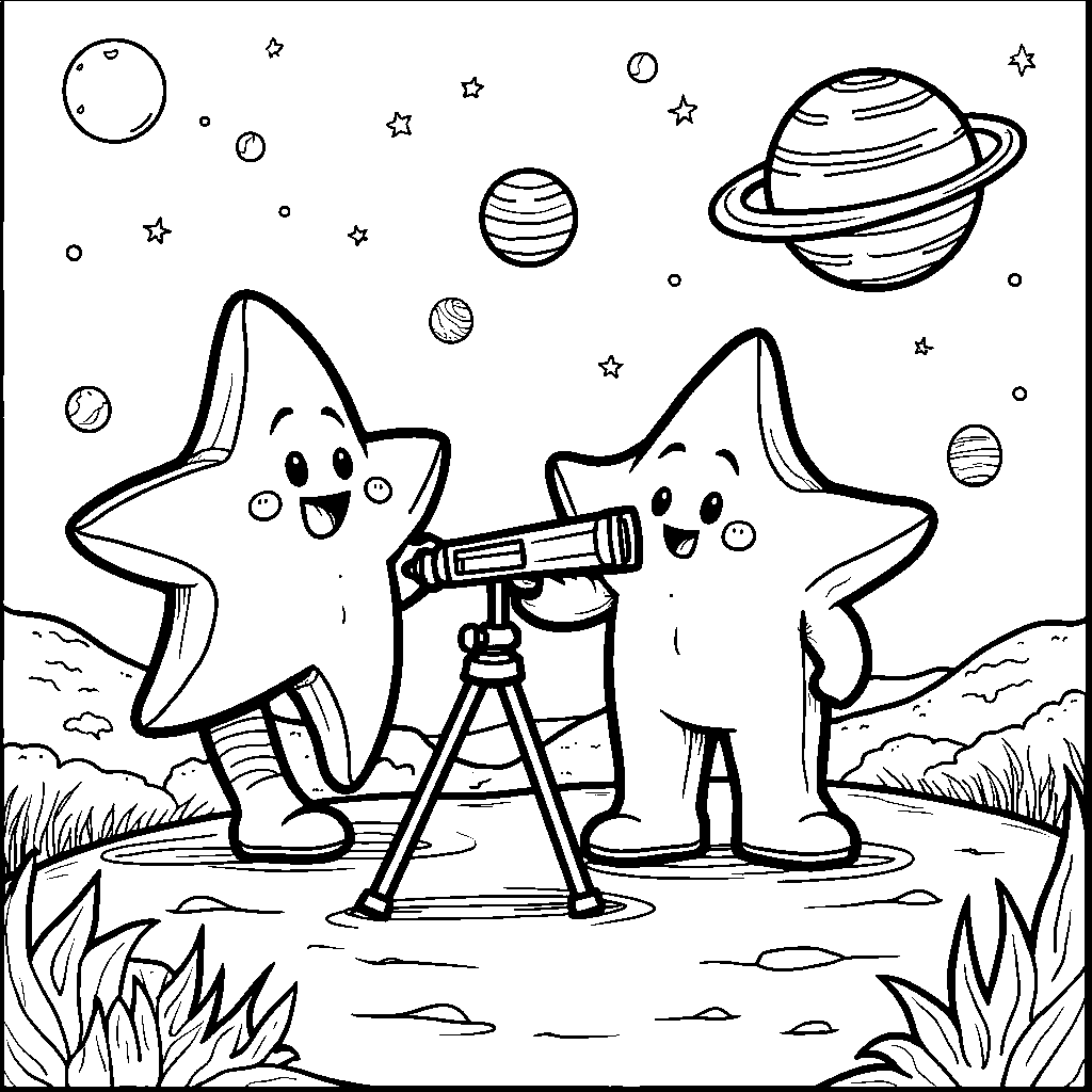 A pair of friendly stars using a telescope to look at other planets