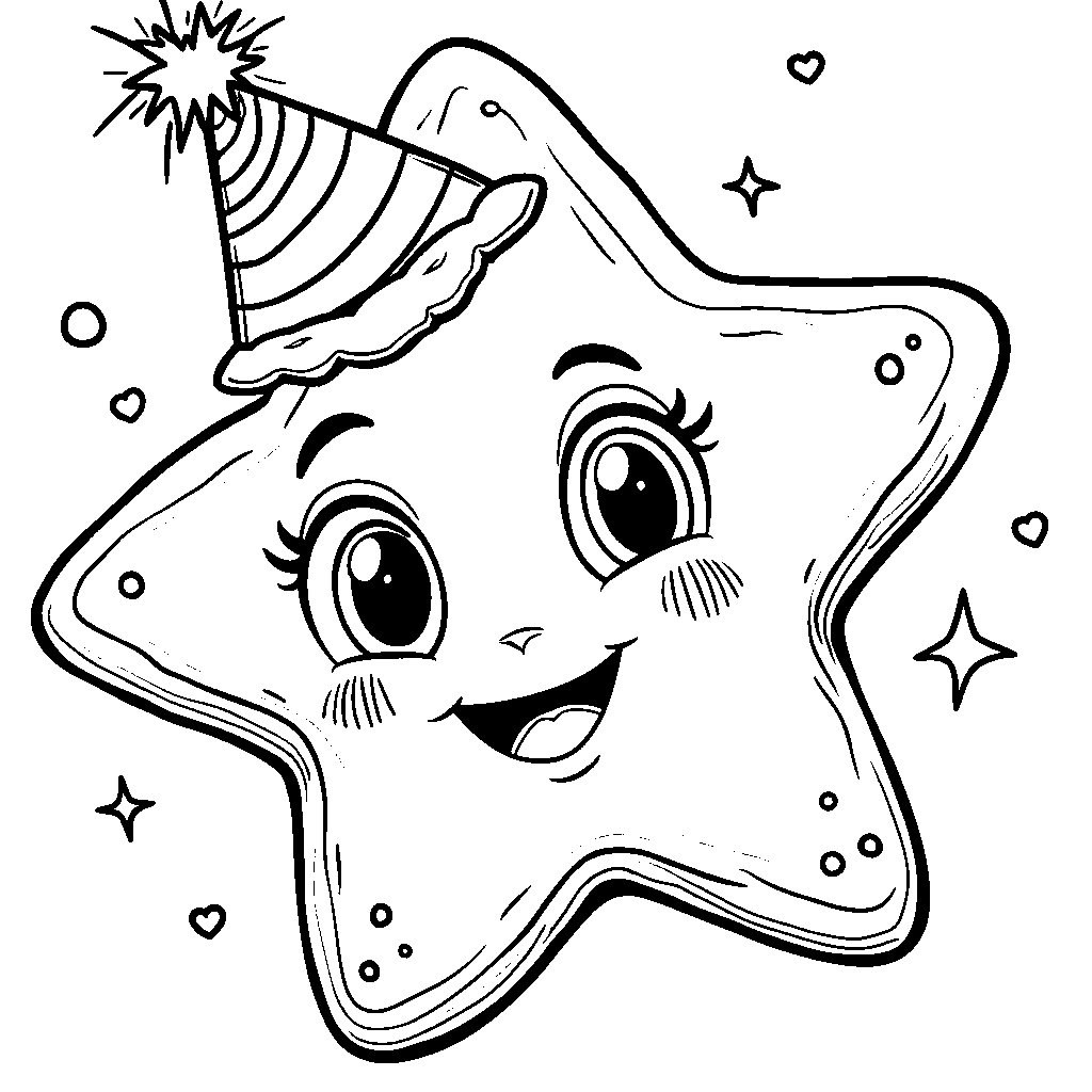 A smiling star character with big eyes wearing a party hat