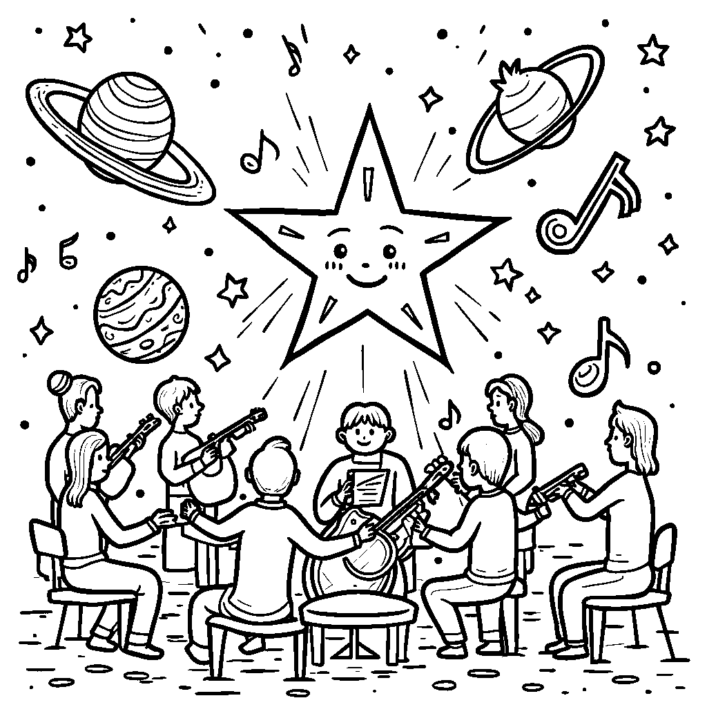 A star conducting an orchestra of celestial bodies with musical notes around