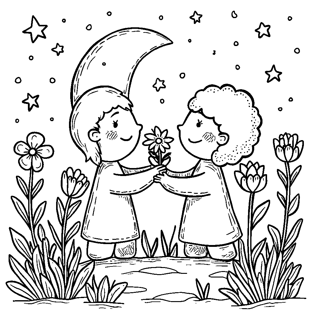 A star giving flowers to a happy moon