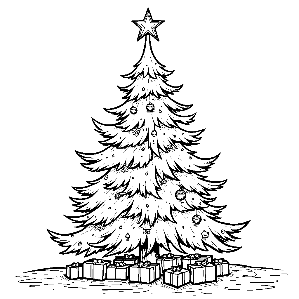 A star sitting atop a tall Christmas tree adorned with ornaments