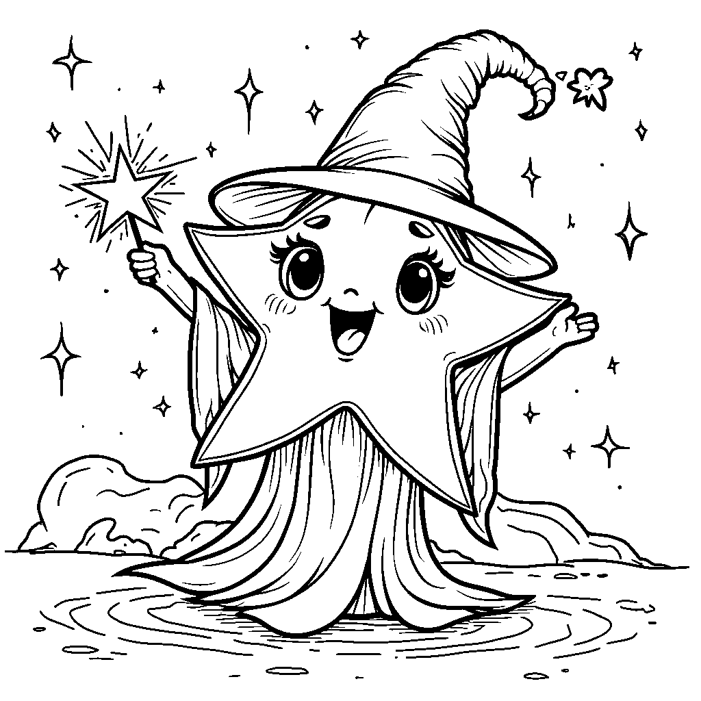 A star with a wizard's hat casting spells with magic sparkles