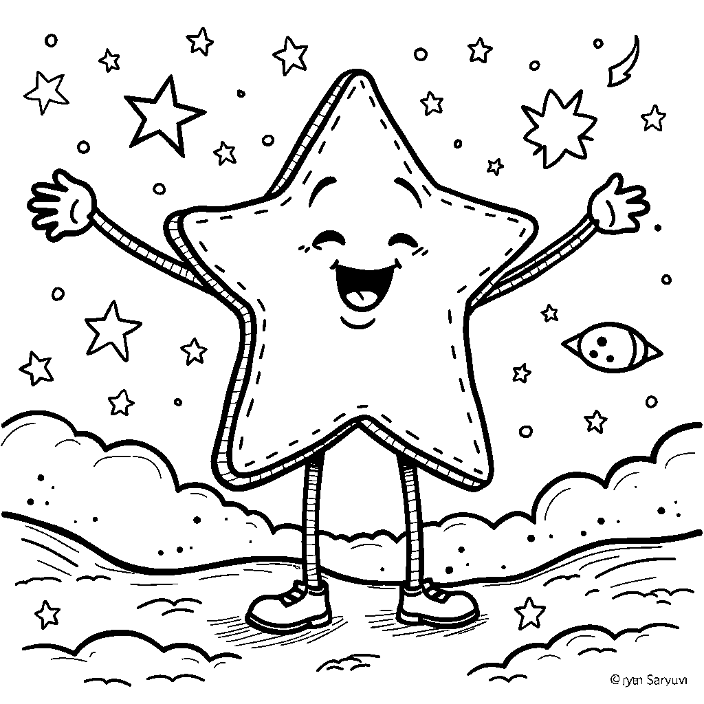 A star with arms and legs dancing at a starry party