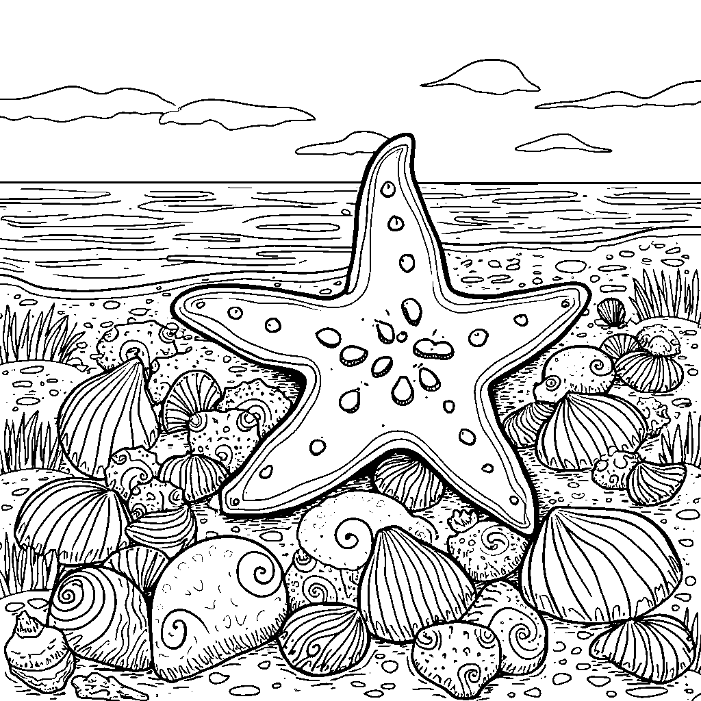 A starfish on the beach surrounded by colorful seashells