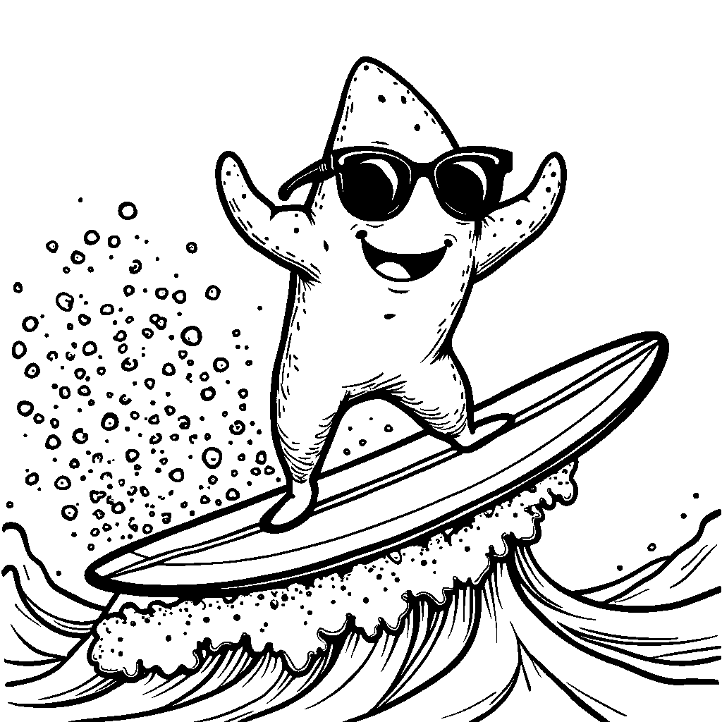 A cheerful star surfing on waves, wearing a cool pair of sunglasses