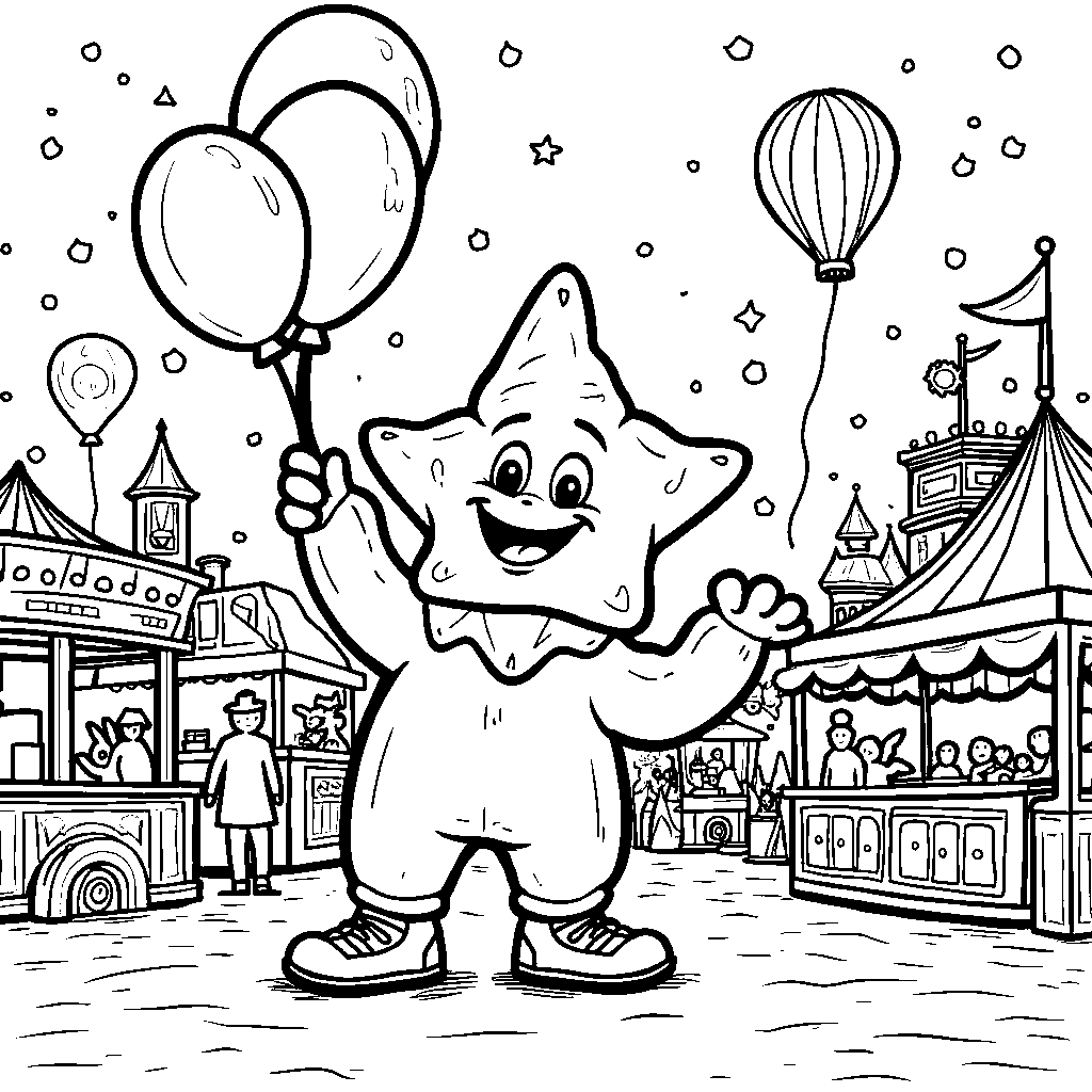 A friendly star holding a balloon at a funfair