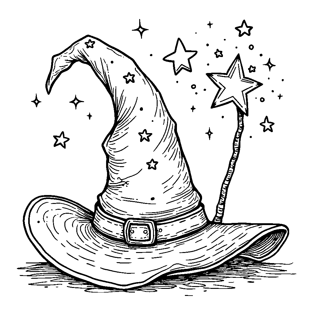 A magical witch's hat with stars and a wand beside it