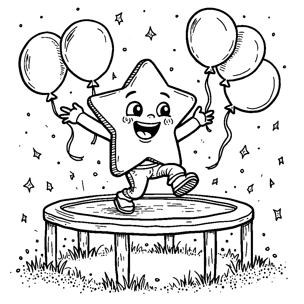 A star hopping on a trampoline with balloons and confetti