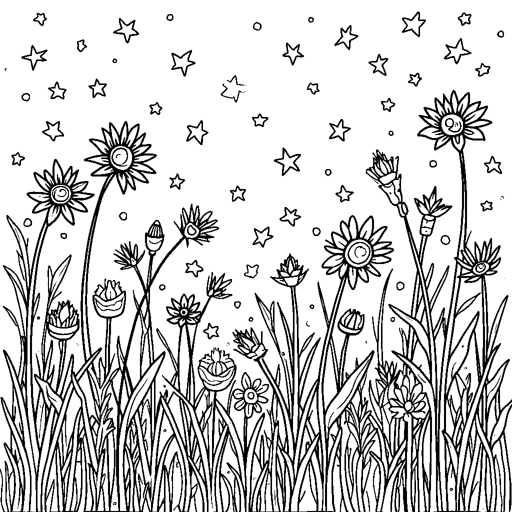 A whimsical garden with stars growing on flower stems