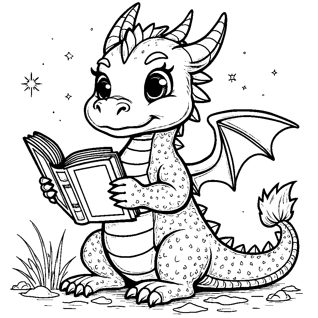 A friendly dragon holding a storybook