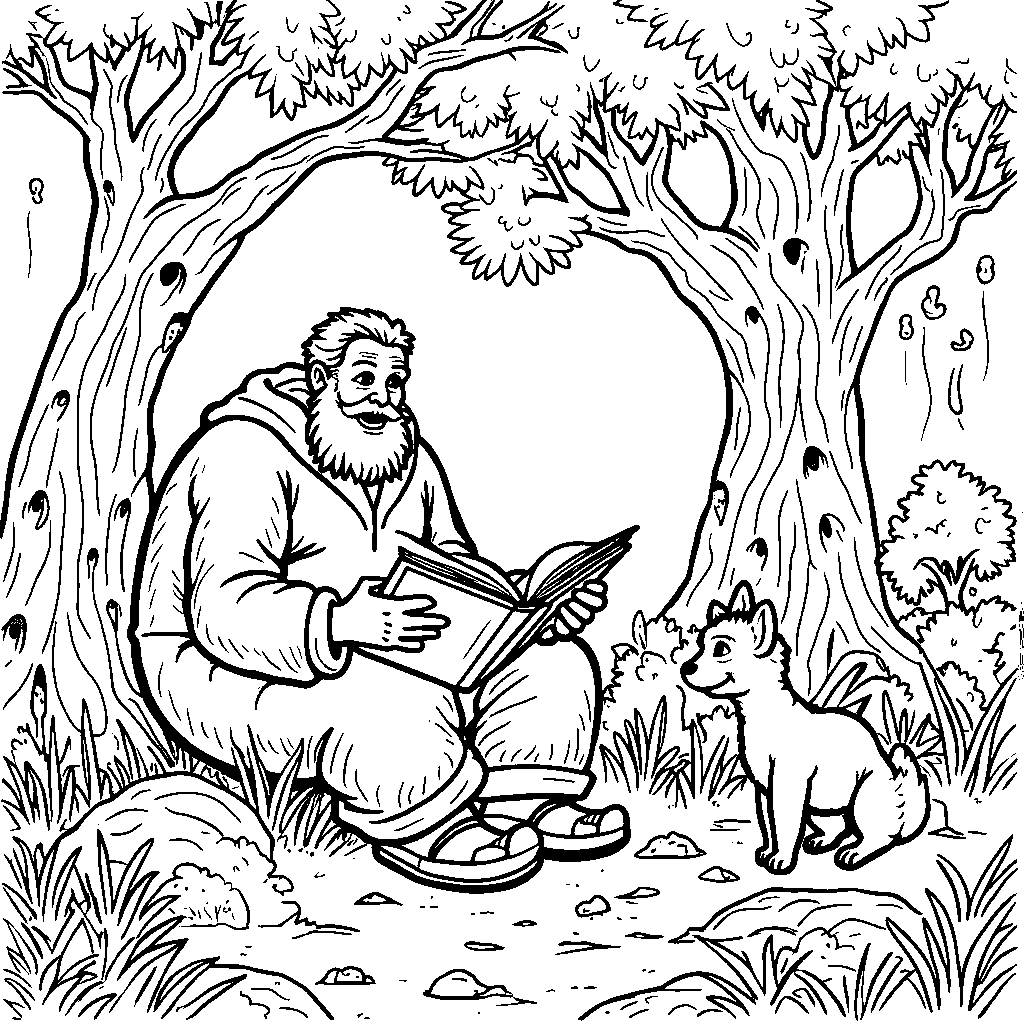 A friendly giant reading to a group of colorful forest animals