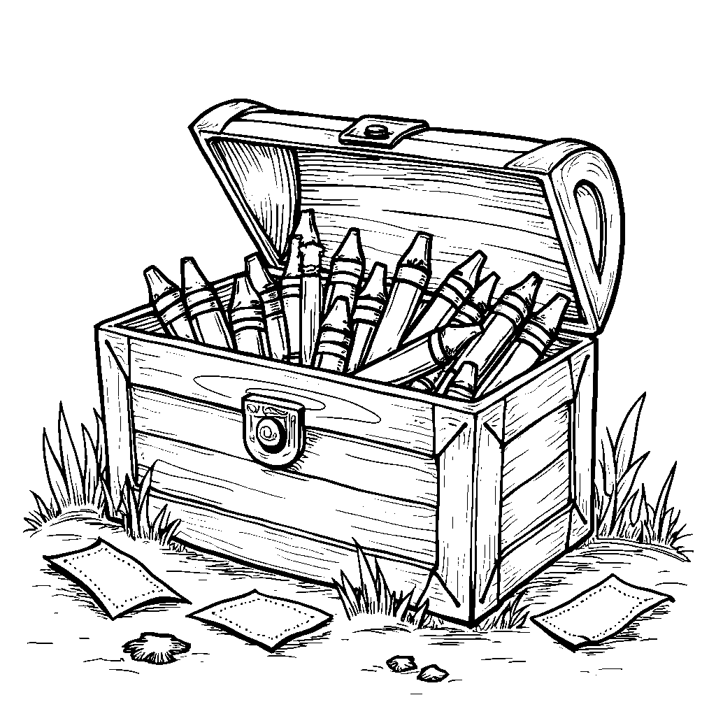 A treasure chest filled with colorful crayons and story ideas