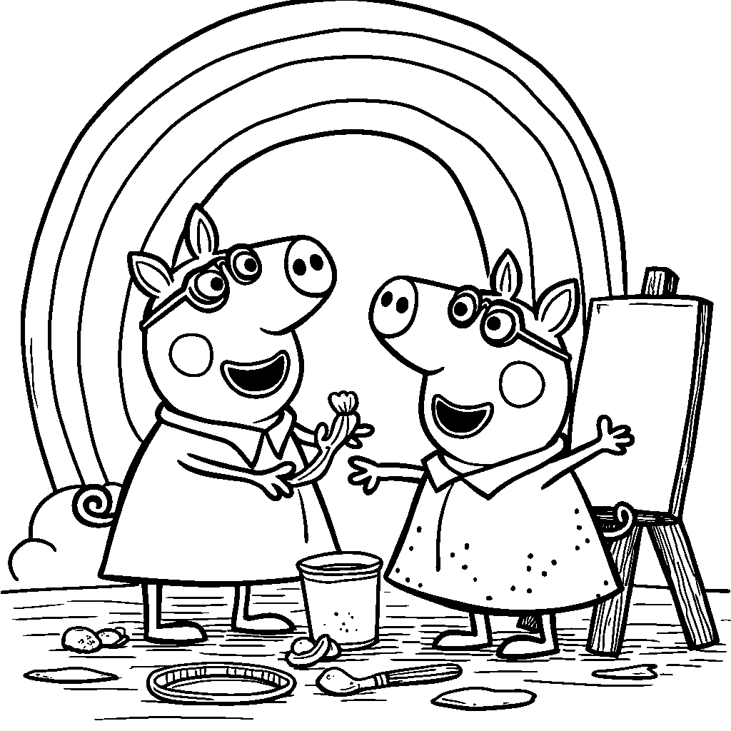 Alpha Pig and Wonder Red creating a giant rainbow with paints