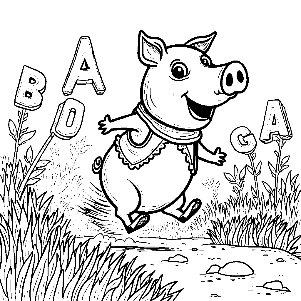 Alpha Pig racing through a field of tall letters