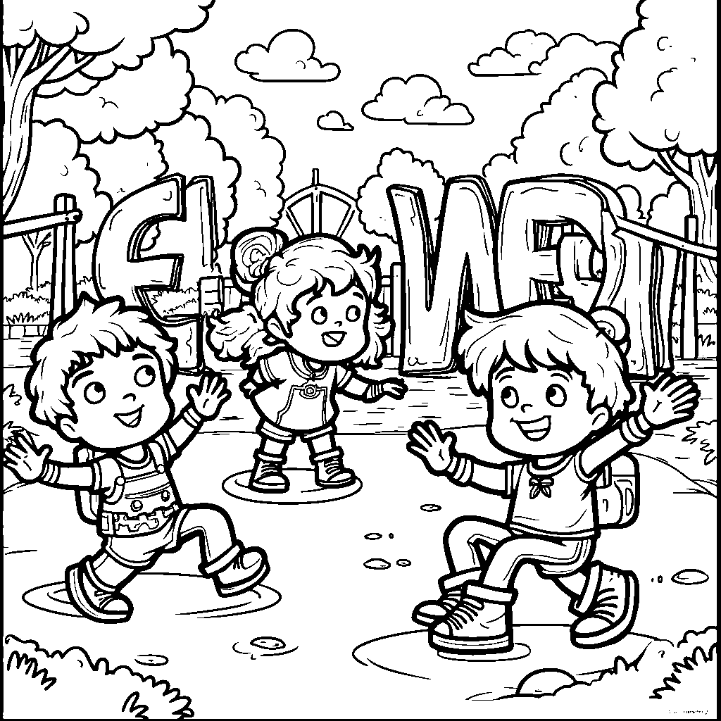 Characters from Super Why playing in a park full of letters