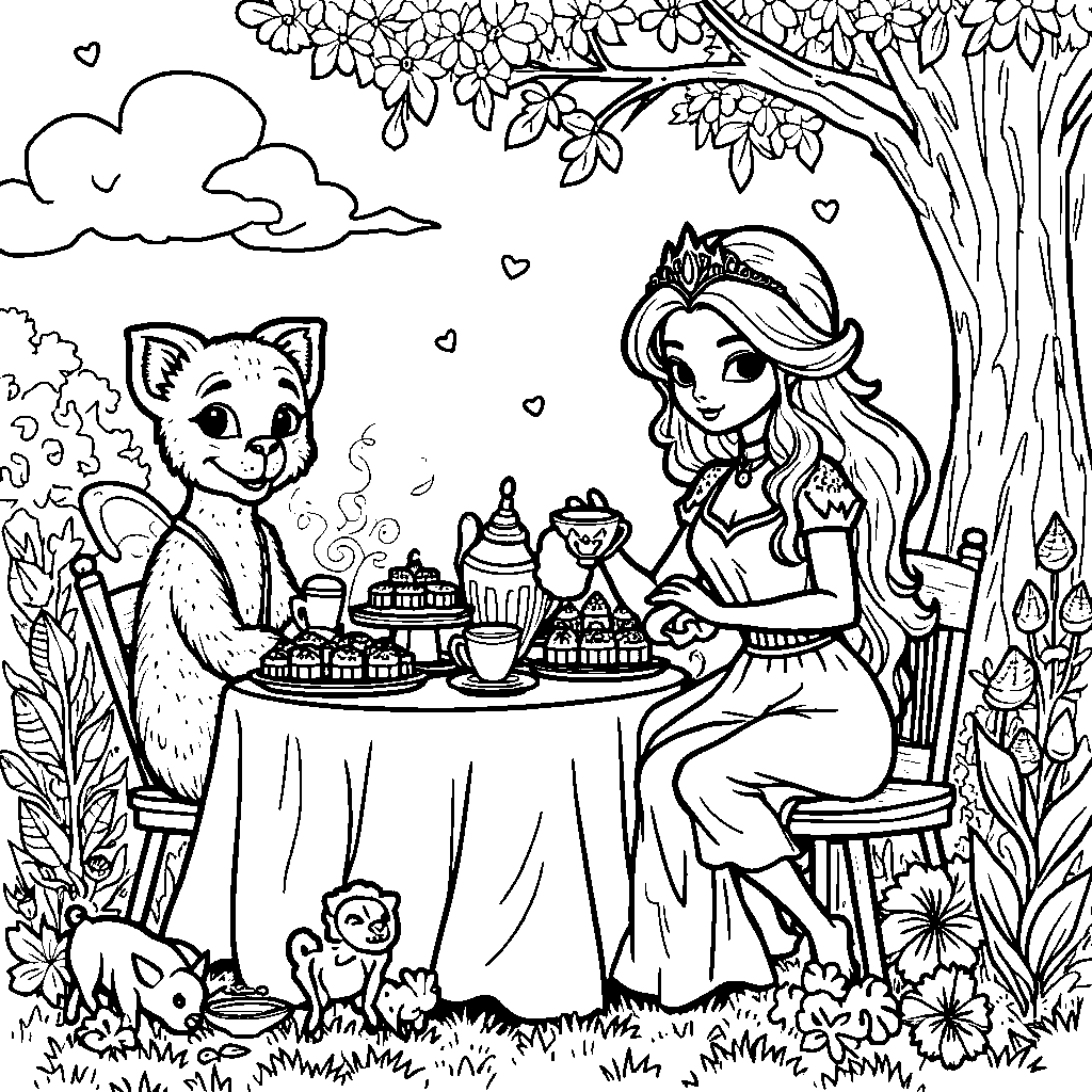 Princess Pea hosting a tea party for her fairy tale friends