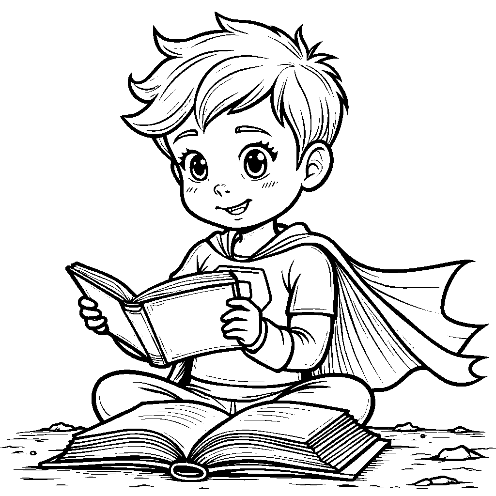 Super Why reading a book with his superhero cape flowing