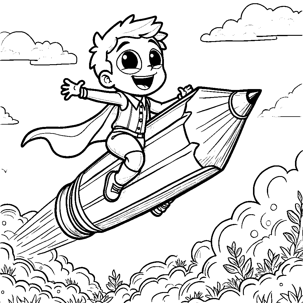 Super Why taking a flying ride on a giant pencil