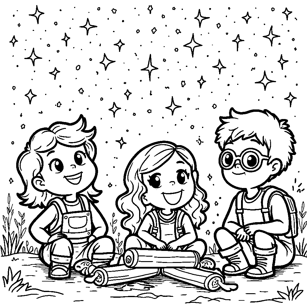 The Super Why squad camping under a starry storybook sky