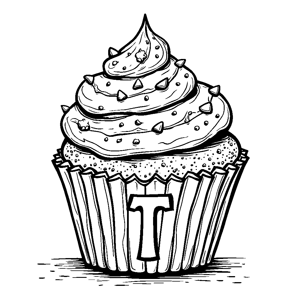 A cupcake displaying the letter T with colorful frosting