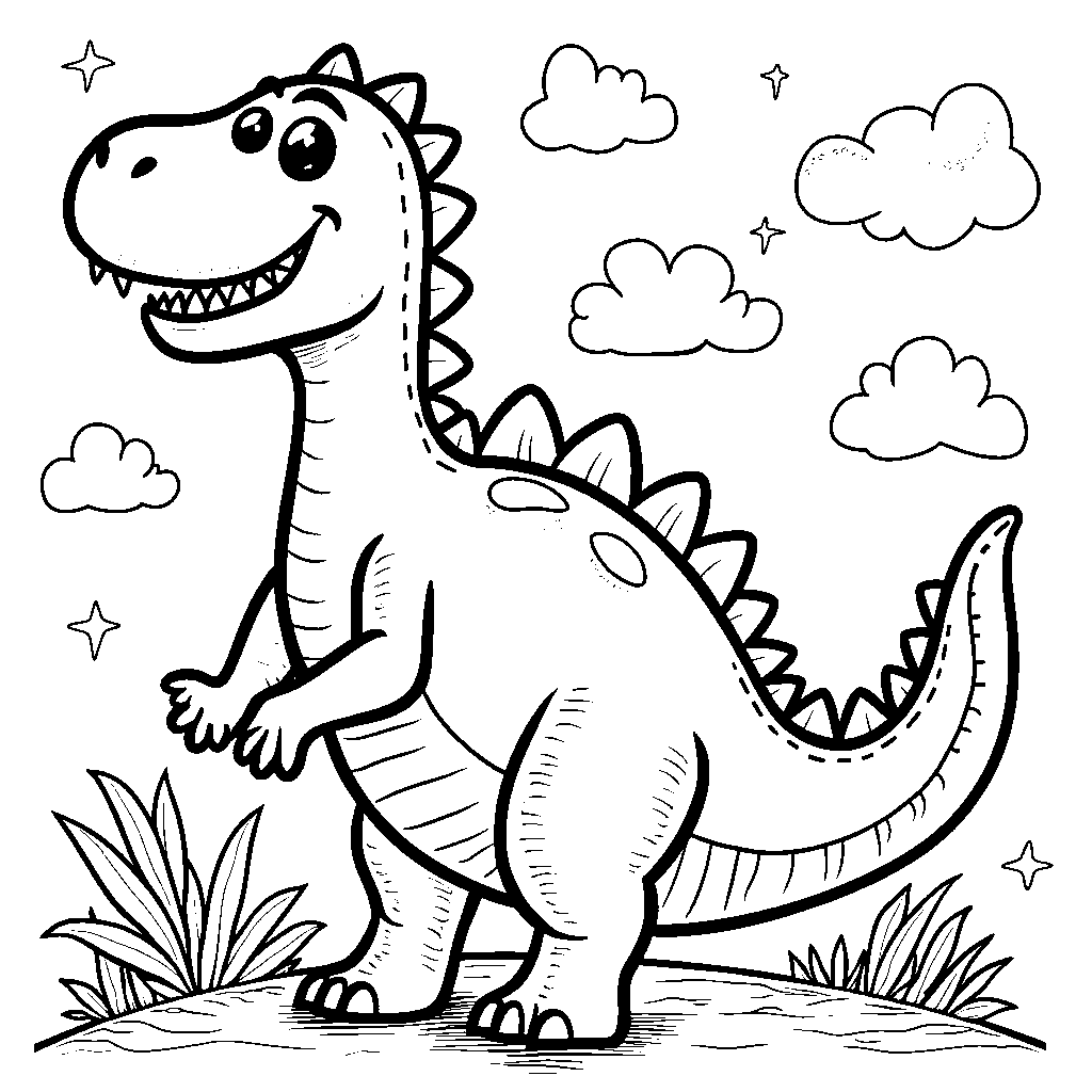 A dinosaur shaped like the letter T, happily stomping around